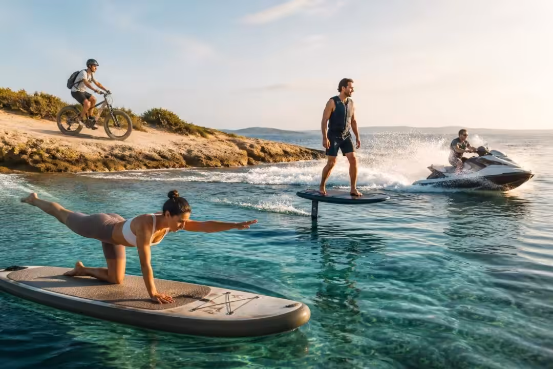 découvrez des activités nautiques inédites alliant sport et nouveauté : pilates-paddle, e-foil, e-bike et jet ski pour des sensations uniques sur l'eau.