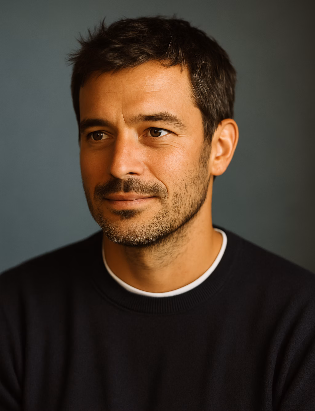 Portrait d'un homme en pull noir.